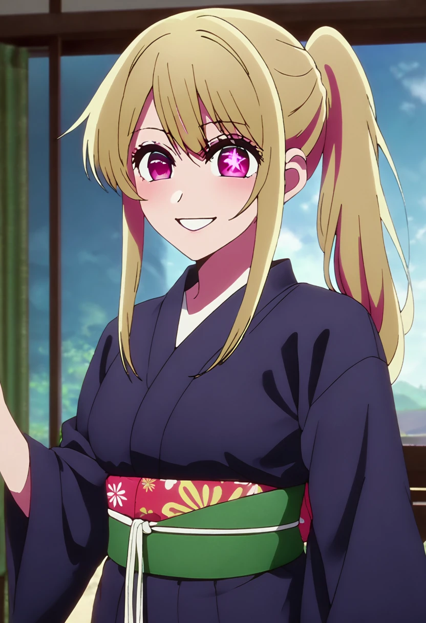 Blonde、Yukata with open front、Highest quality、high resolution、8K,Highest quality、Star-shaped pupil、The best smile、long hair、Pink Eyes、ponytail、Cowboy Shot、One person