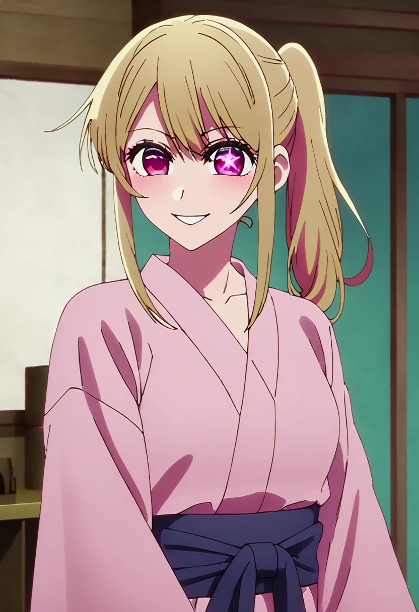 Blonde、Yukata with open front、Highest quality、high resolution、8K,Highest quality、Star-shaped pupil、The best smile、long hair、Pink Eyes、ponytail、Cowboy Shot、One person