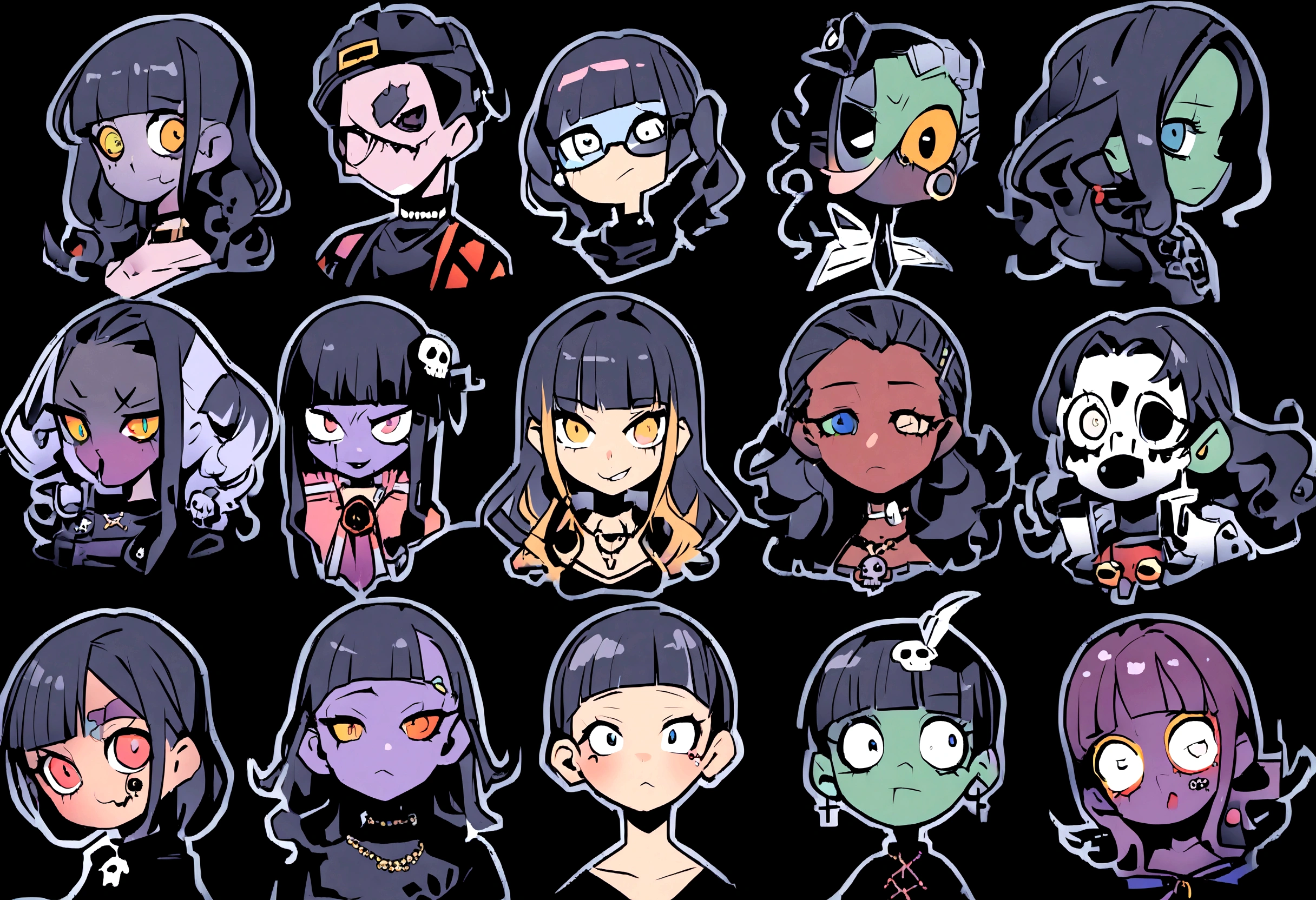 Black Hair、Black Feather、Gothic Punk、sit on a chair, cross one's legs、Throne、,anime zombie witch design, crossbones, skulls, street wear design, pro vector, Horror style, full design, 6 colors only, solid colors, no shadows, full design, sticker, bright colors, white background.super fine illustration,(((beautiful fine hair))),(((beautiful fine face))),(((beautiful fine background))),(((beautiful fine hair))),(((beautiful fine face))),(((beautiful fine background))),Midsummer、beachBlack Hair、blunt bangs、Cross-eyed