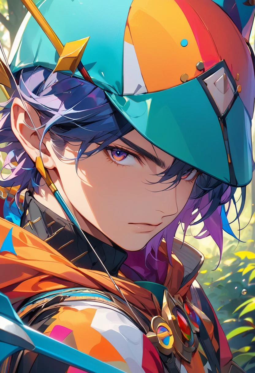 穿著Archer服裝的男人.Closeup bow and arrow art.Archer, Deep Forest Shooter.(masterpiece, best quality:1.2),art illustration,Abstract surreal colors,colorful. warrior