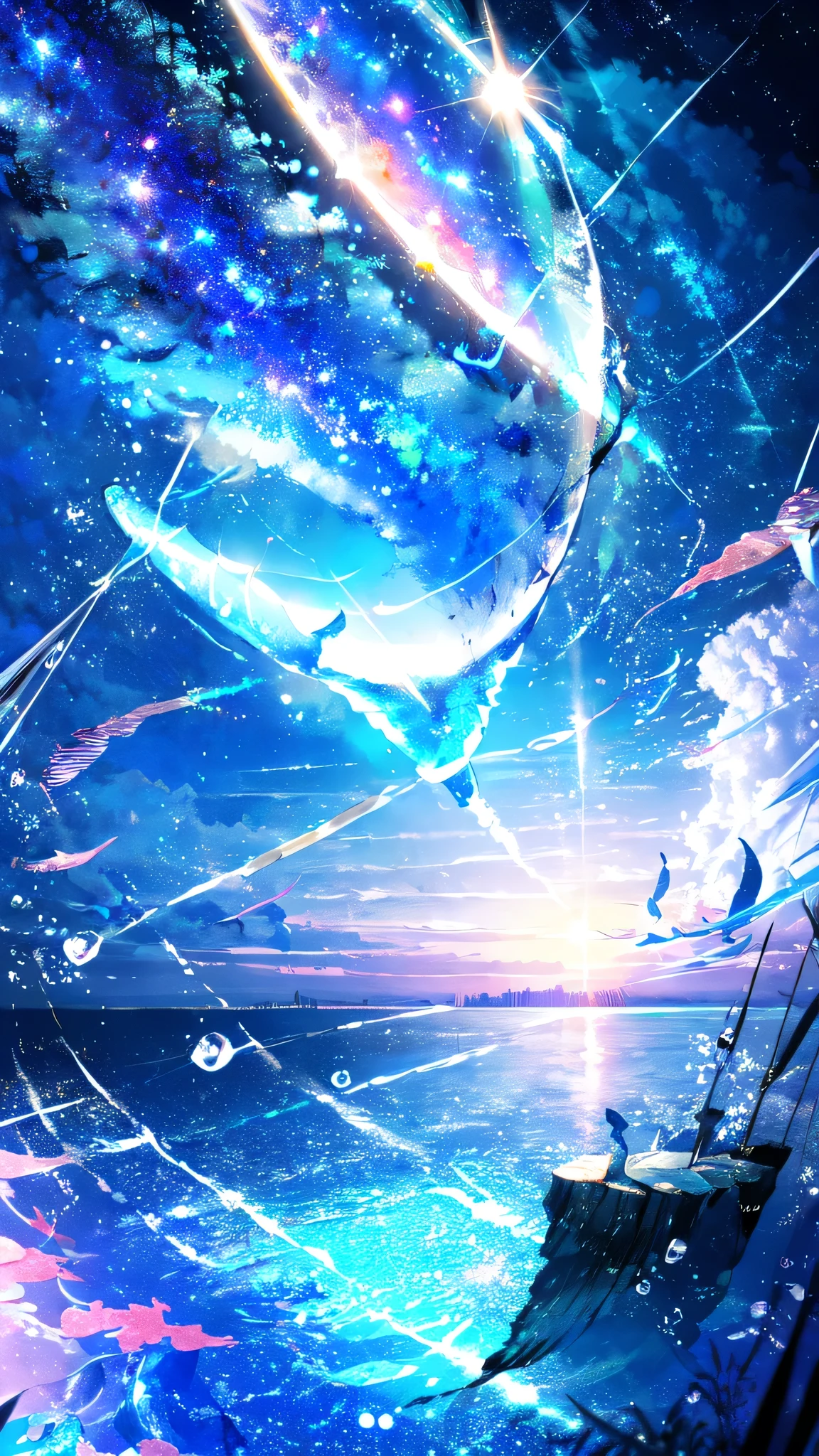 -scenery, 1girl, sky, Star (sky), Highest Resolution、whale, night, solo,Fine starry sky、 city lights, Starry sky, Fine bubbles、night sky, bubble, moon, watercraft, outdoors, short hair, ocean, cloud,coloured glaze,