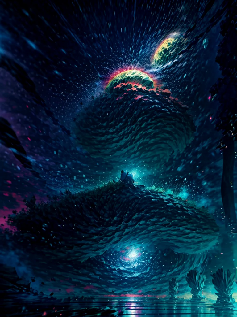 Describe a scene where a cute girl character is lying on a grassy hill, Looking up at the starry sky. Surround her with colorful nebulae and her favorite constellations.