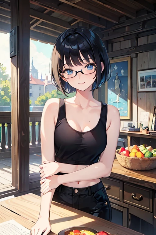 ((Highest quality)), ((masterpiece)), (Familiar), Illustration Style,Perfect Face,1 Girl,Black Hair,Short Hair,Glowing Skin,big, Bright Blue Eyes,Beautiful Bangs,Small breasts,Super Beauty,woman,,Black tank top,White pants,Beautiful clothes,Glasses,smile