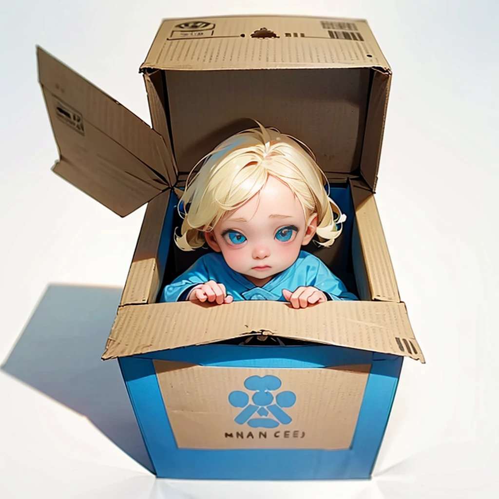 A cardboard box, 1 cardboard box, Blue color, has official writing, There is writing from "Manchester city", there is writing "Baby", (baby albino, blonde colour hair, narrow eyes, His cheeks were red, his nose red, his eyes narrow)