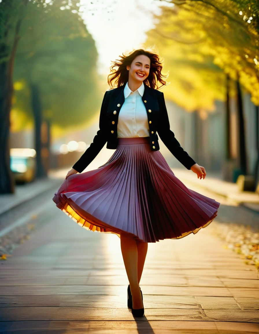 A smiling, authentic, (shy:1,3), kind, beautiful woman, is passionately in love with her skirt, wind wildly lifts her skirt, wearing uniform jacket and very, very detailed (long (fully pleated) full circle skirt) and (low heeled court shoes), very, very intricate hyper-detailed symmetric (attractive graceful young feminine face) with (sad, tired eyes and a loving smile), very voluptuous breasts, full of empathy and compassion and love, (pronounced (feminine) features), (highly detailed ultra accurate realistic) hands and fingers, (windy), epic composition, highly detailed attributes, (35mm f1.4 Kodak portra 400 photograph), extremely high quality RAW photograph, highly detailed atmosphere, sci-fi, cinematic shot, dynamic lighting, 75mm, Technicolor, Panavision, cinemascope, sharp focus, fine details, 8k, HDR, realism, realistic, key visual, film still, superb cinematic color grading, depth of field