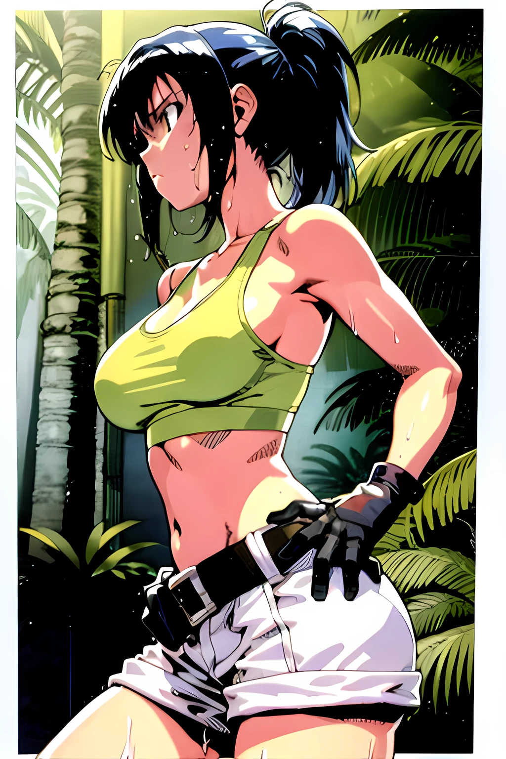 masterpiece, best quality, anime 1990s \(style\, leona heidern,  naked, white sport bra, short ,jungle, pony tail, wet, serious, gloves, , sleeveless, metal slug, belt 