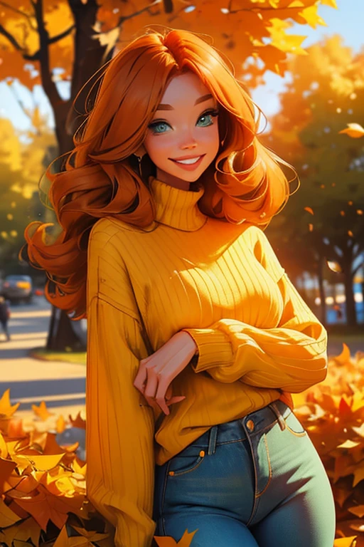 Perfect face, Perfect hands. An orange haired woman with green eyes and an hourglass figure in a yellow sweater and jeans is spinning in a flurry of autumn leaves with a big smile