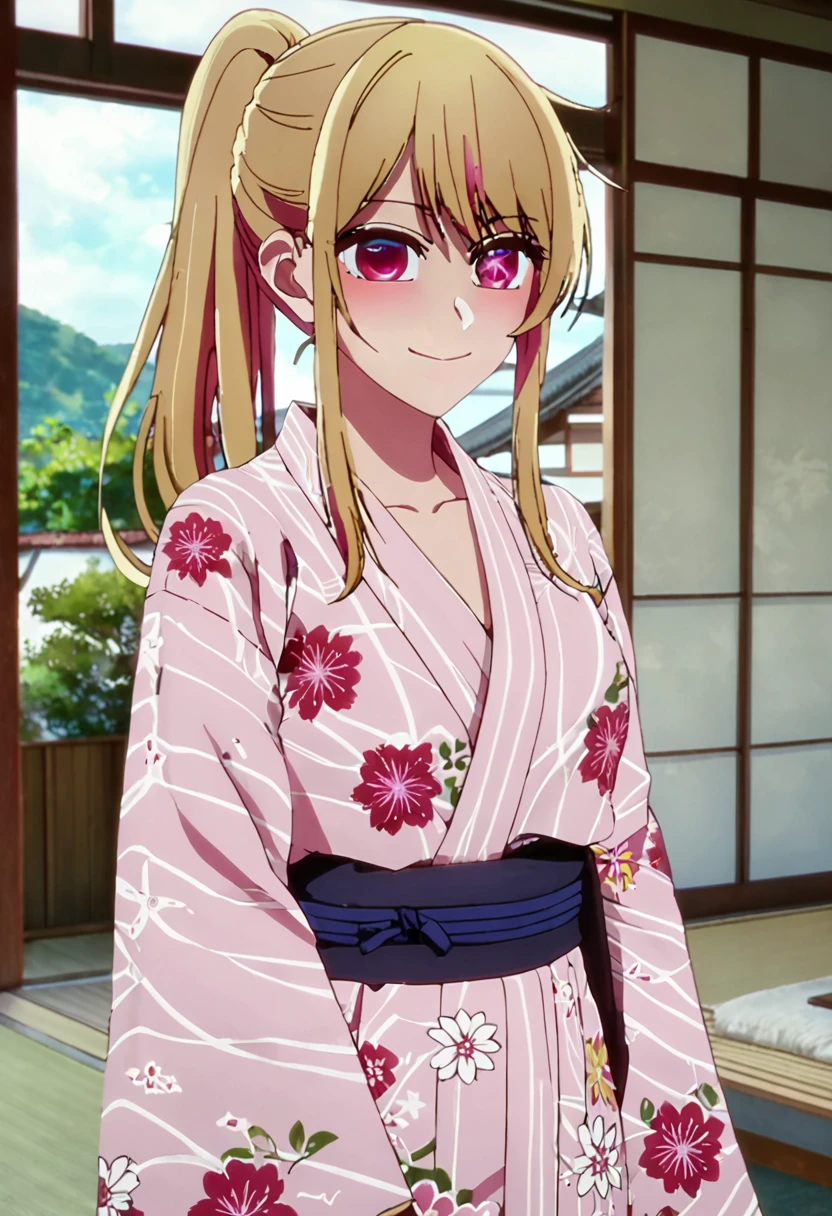 Blonde、Fluttering figure、yukata、Highest quality、high resolution、8K,Highest quality、Star-shaped pupil、The best smile、long hair、Pink Eyes、ponytail、Cowboy Shot、One person