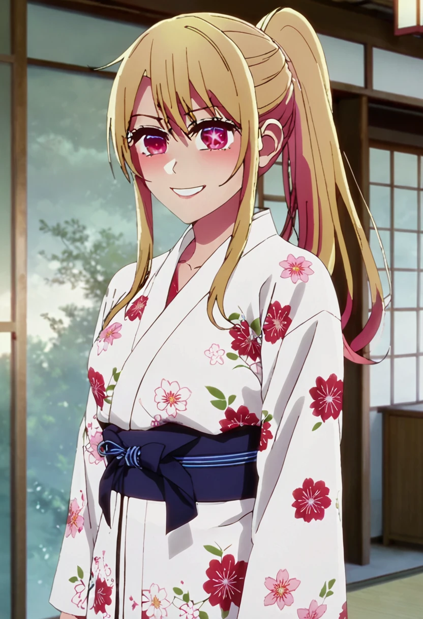 Blonde、Fluttering figure、yukata、Highest quality、high resolution、8K,Highest quality、Star-shaped pupil、The best smile、long hair、Pink Eyes、ponytail、Cowboy Shot、One person