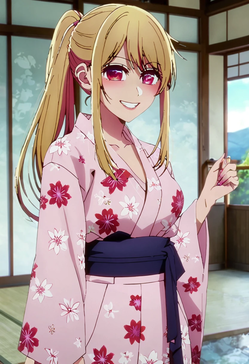 Blonde、Fluttering figure、yukata、Highest quality、high resolution、8K,Highest quality、Star-shaped pupil、The best smile、long hair、Pink Eyes、ponytail、Cowboy Shot、One person
