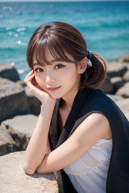masterpiece:1.3), (8K, Realistic, RAW Photos, Best image quality: 1.4), Japanese women、(Random Hairstyles:1.2)、Highly detailed face、Attention to detail、double eyelid、Beautiful woman:1.4、Light brown hair、Highest quality、masterpiece、Ultra-high resolution、(Realistic:1.4)、Detailed and professionally lit smiles、Loose、thin、Shorthair、Deadly position、During meals、Full body image、Ocean、
