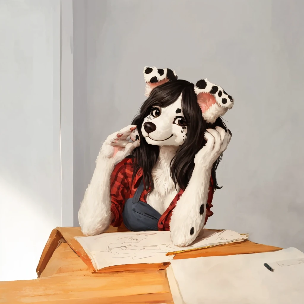 a cute and black spots and white fur female dog, she's dressed with a red colored shirt, closed smile, high quality furry art.