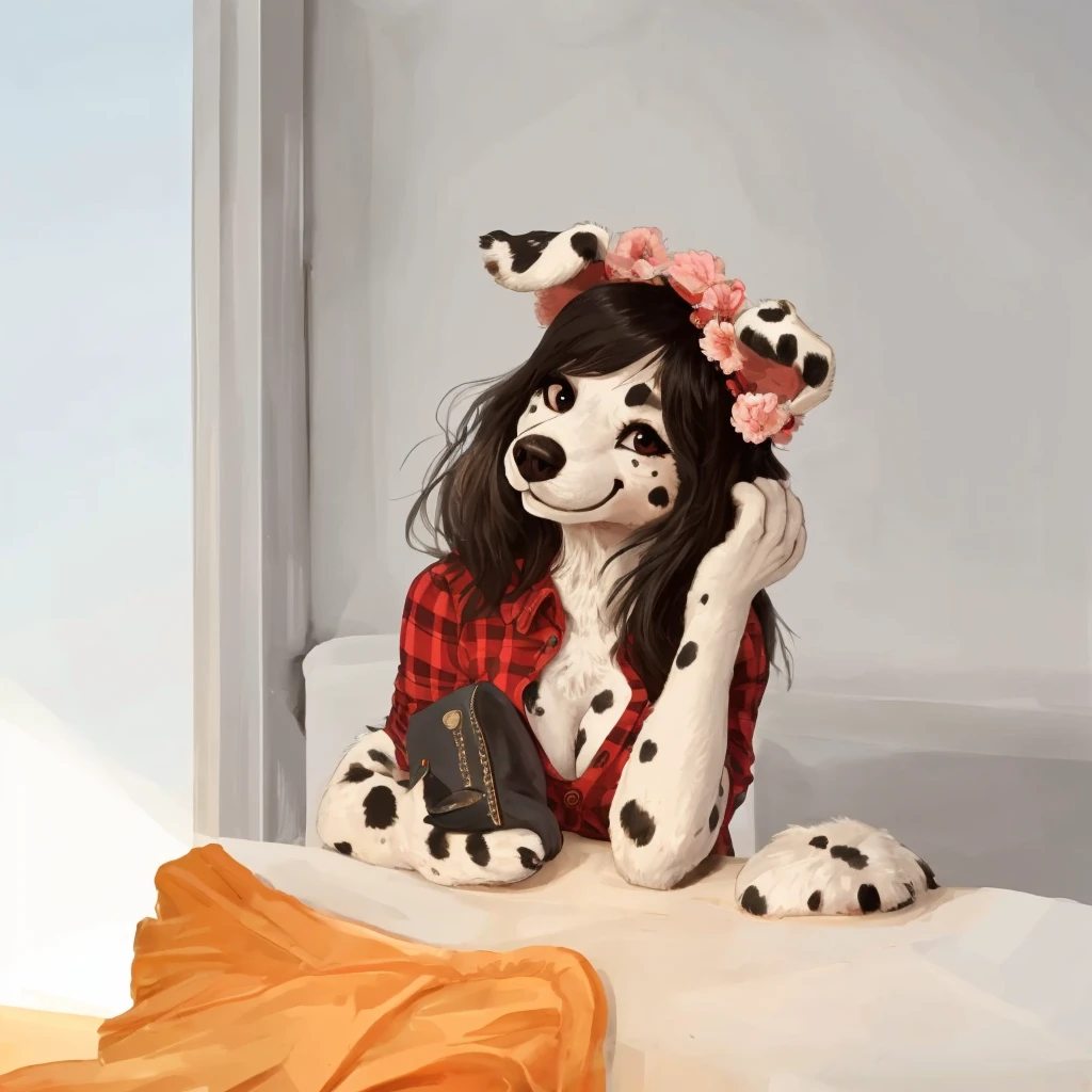 a cute and black spots and white fur female dog, she's dressed with a red colored shirt, closed smile, high quality furry art.