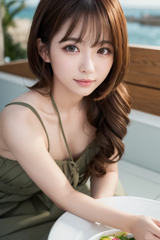 masterpiece:1.3), (8K, Realistic, RAW Photos, Best image quality: 1.4), Japanese women、(Random Hairstyles:1.2)、Highly detailed face、Attention to detail、double eyelid、Beautiful woman:1.4、Light brown hair、Highest quality、masterpiece、Ultra-high resolution、(Realistic:1.4)、Detailed and professionally lit smiles、Loose、thin、Shorthair、Deadly position、During meals、Full body image、Ocean、