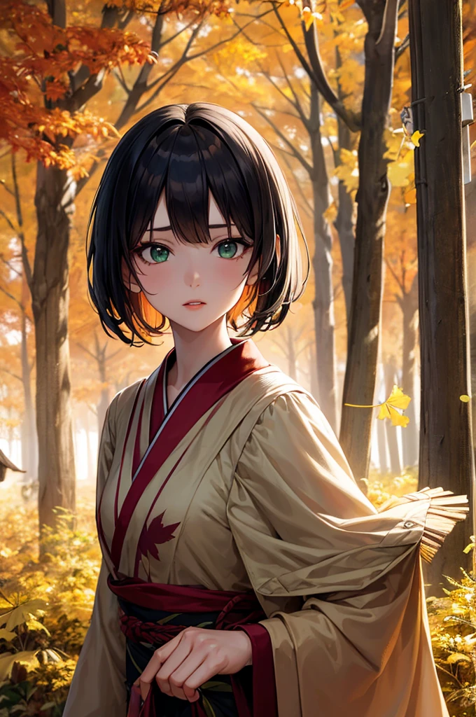 One girl, Against_wood, Who_Shizuha, anger_vein, autumn, autumn_leaf, 前hair, just_wood, green_eye, dull_前hair, branch, night, dress, 落Down_leaf, forest, ginkgo_leaf, Holding_leaf, lake, leaf, leaf_background, leaf_hair_ornament, leaf_upon_head, leaf_printing, lips, lupong_hair, Looking_in_Audience, Maple_leaf, ninure, Outdoor, 一人in, Are standing, stupone_lanthanum, wood, Down_wood, black hair, sensei 