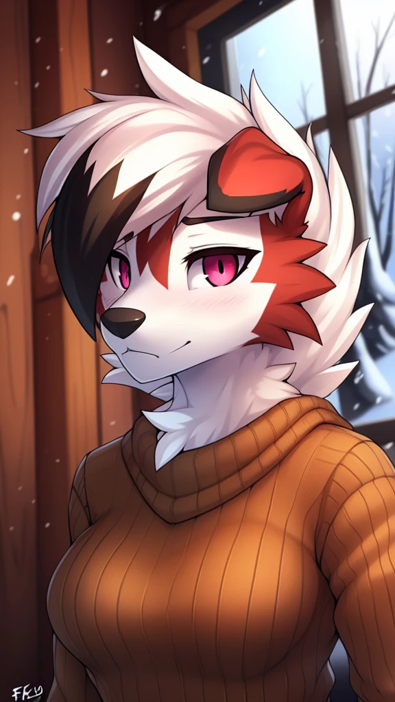 By zinfyu,by twistedscarlet60, uploaded on pixiv, by fluff-kevlar, (masterpiece), (best quality), (solo female:1.2), (extremely detailed:1.3),(detailed eye,black circle on eye,pink eye), lycanroc midnight, view on viewer, close view, shy face, half body on potrait, only body and head, close view, closeup photo of lycanroc, wearing brown sweater, inside house, wooden house, opened window, winter season, snow outside house