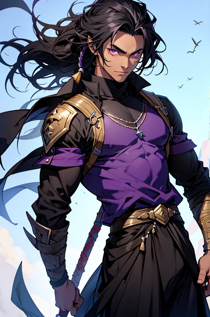 RPG man with black skin color with black hair and with dred and purple eyes