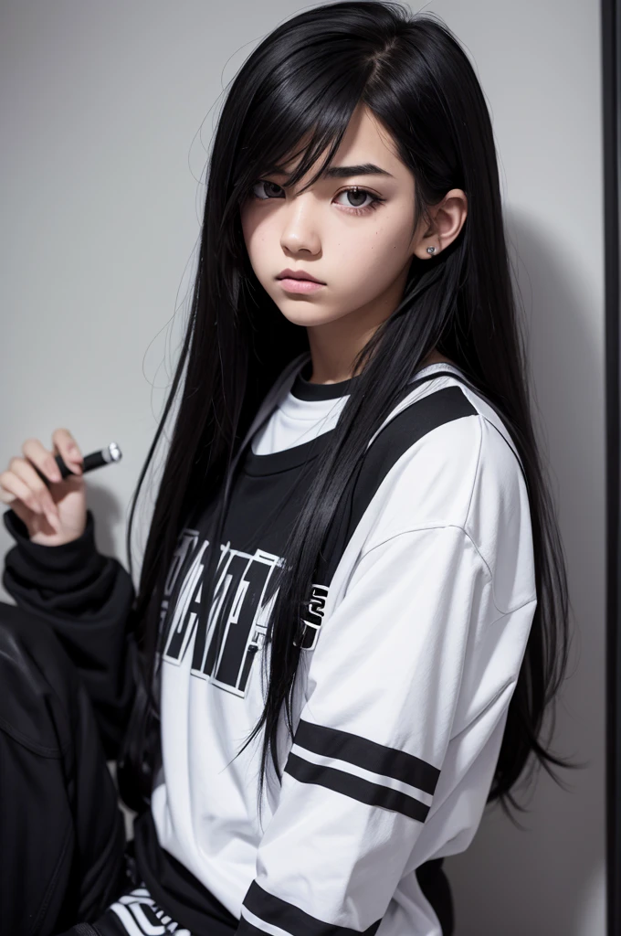 A Korean kpoper who is 18 years old, Bblack hair, black leagwear
