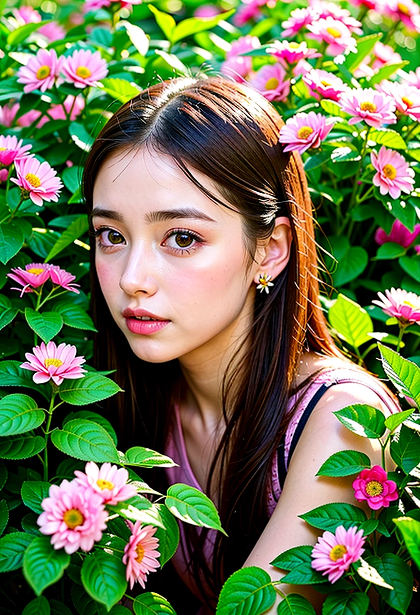 best quality,ultra-detailed,realistic portrait of a girl in a garden,girl,wearing a flowy dress, beautiful detailed eyes, beautiful detailed lips, long eyelashes, surrounded by colorful flowers and lush greenery, soft natural lighting, vibrant colors, oil painting style