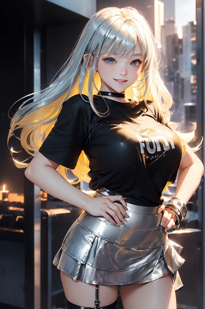 (beautiful micro girl:1.3),(future morning:1.4),( huge boobs:1.4) ,,(messy short glossy platinum yellow blond hair:1.3),(bangs:1.2)
(smile :1.2),(beautiful body:1.5),(silver mini skirt :1.4),(black big T-shirt:1.4),(big hip:1.3)