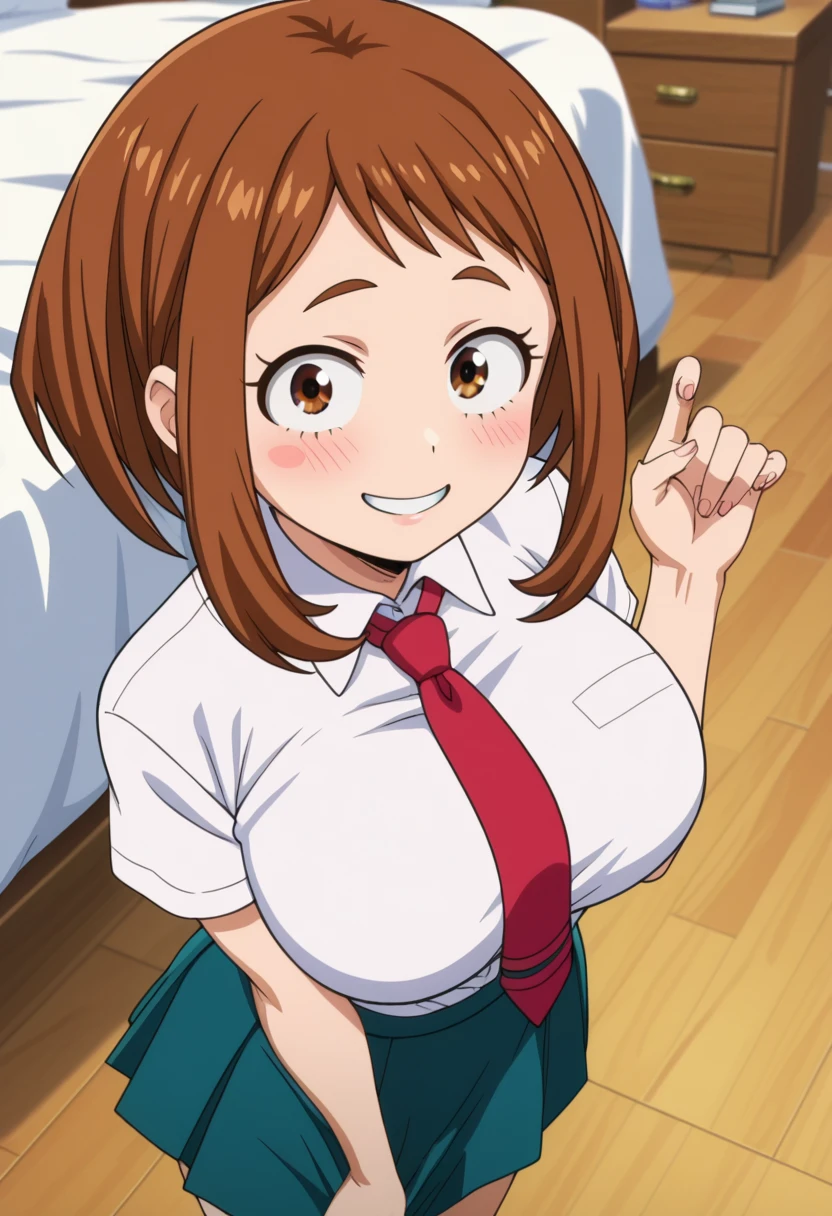 score_6_up, best quality, anime screencap, 1girl, ochako uraraka, skirt, white shirt, red tie, standing, big breasts, smile, looking at viewer, embarrassing, from above, bedroom, blush