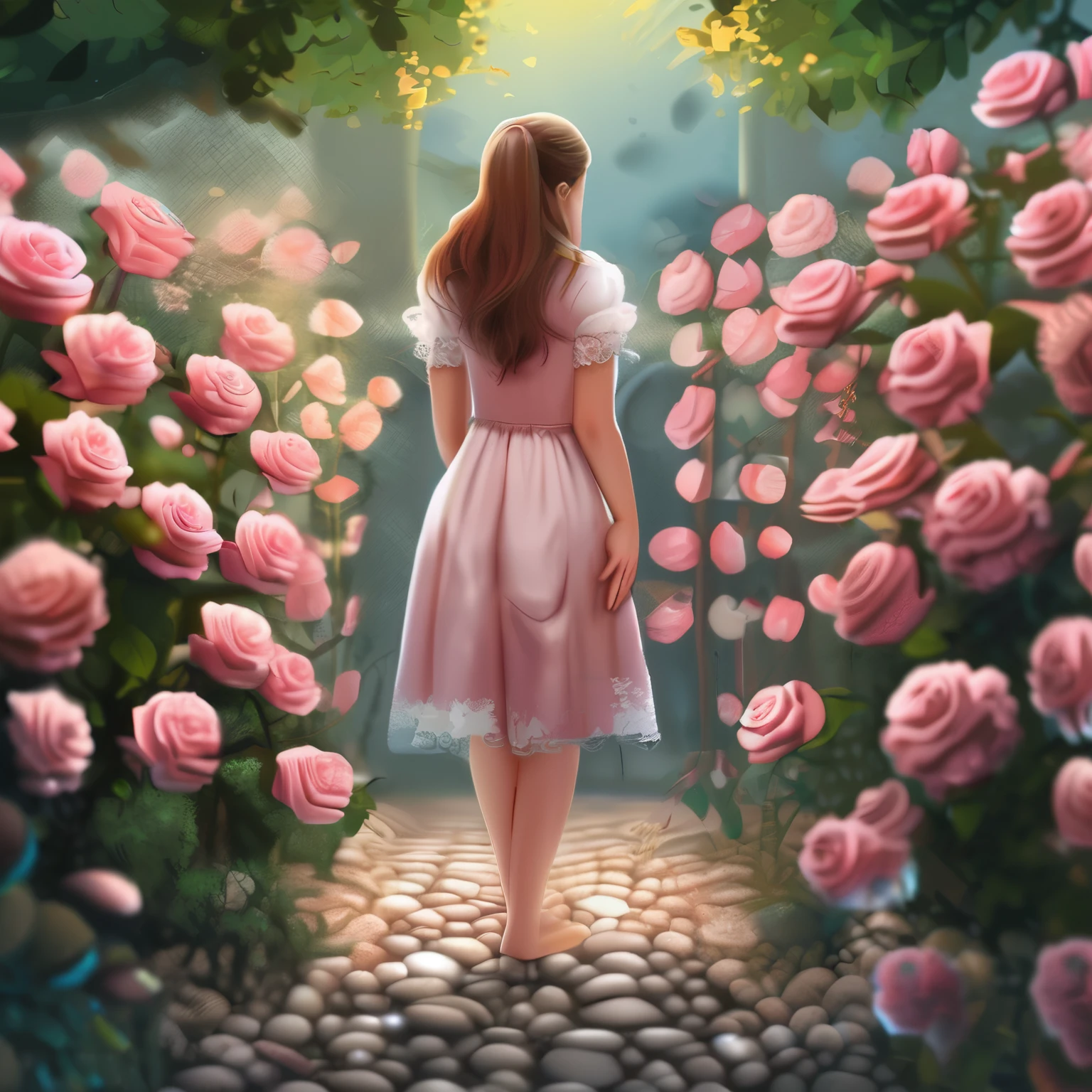 a girl, rose flower garden , pebble path, master part, best quality, anatomically correcte, High details, 8K, The wallpaper, turn away
