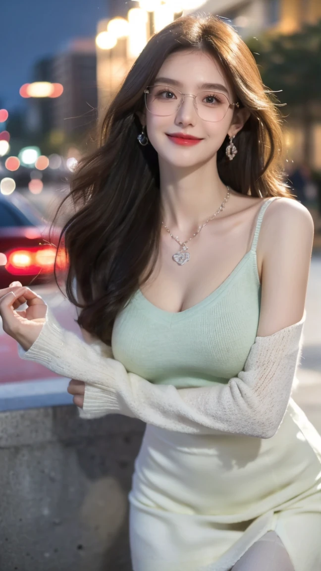 (Canon RF85mm f/1.2), (8K, original photo, best quality), (masterpiece), (Practical, photograph Practical), (Extremely detailed, High Detail, Best image quality, Very detailed, high resolution, Very detailed, Extremely detailed的描述, very good, Extremely exquisite and beautiful work), Beautiful and delicate girl, full body, ((Perfect body)), ((Cardigan,Wedding dress)),((Green Skirt)) ((White pantyhose)), ((bud)),Very detailed eyes and face, White skin, Noble and beautiful, ((Delicate skin texture, Pores)), Perfect anatomical structure, Beautiful body, Delicate face, Slim abdominal muscles, Slim waist), Big Ass, (Large Breasts, Breast enlargement), (Soulful gaze, soulful eyes, Glowing eyes), (Beautiful clear eyes), (Bounce Curly Messy Long Hair), (Smile:1.2), (Fascinated expression), (Beautiful appearance), ((wear glasses)), earrings, necklace, ((night)), ((Street View, moonlight)), Physically Based Rendering, Realistic lighting, ((Looking at the audience)), ((Everlasting)), ((Happy and shy))