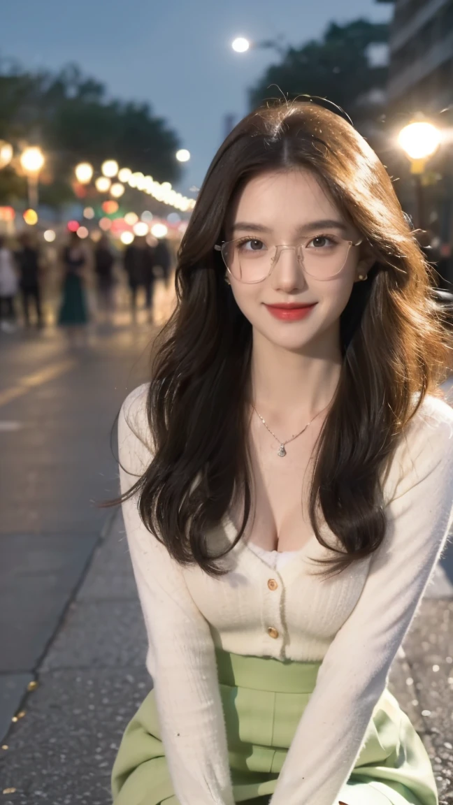 (Canon RF85mm f/1.2), (8K, original photo, best quality), (masterpiece), (Practical, photograph Practical), (Extremely detailed, High Detail, Best image quality, Very detailed, high resolution, Very detailed, Extremely detailed的描述, very good, Extremely exquisite and beautiful work), Beautiful and delicate girl, full body, ((Perfect body)), ((Cardigan，Wedding dress)),((Green Skirt)) ((White pantyhose)), ((bud)),Very detailed eyes and face, White skin, Noble and beautiful, ((Delicate skin texture, Pores)), Perfect anatomical structure, Beautiful body, Delicate face, Slim abdominal muscles, Slim waist), Big Ass, (Large Breasts, Breast enlargement), (Soulful gaze, soulful eyes, Glowing eyes), (Beautiful clear eyes), (Bounce Curly Messy Long Hair), (Smile:1.2), (Fascinated expression), (Beautiful appearance), ((wear glasses)), earrings, necklace, ((night)), ((Street View, moonlight)), Physically Based Rendering, Realistic lighting, ((Looking at the audience)), ((Everlasting)), ((Happy and shy))
