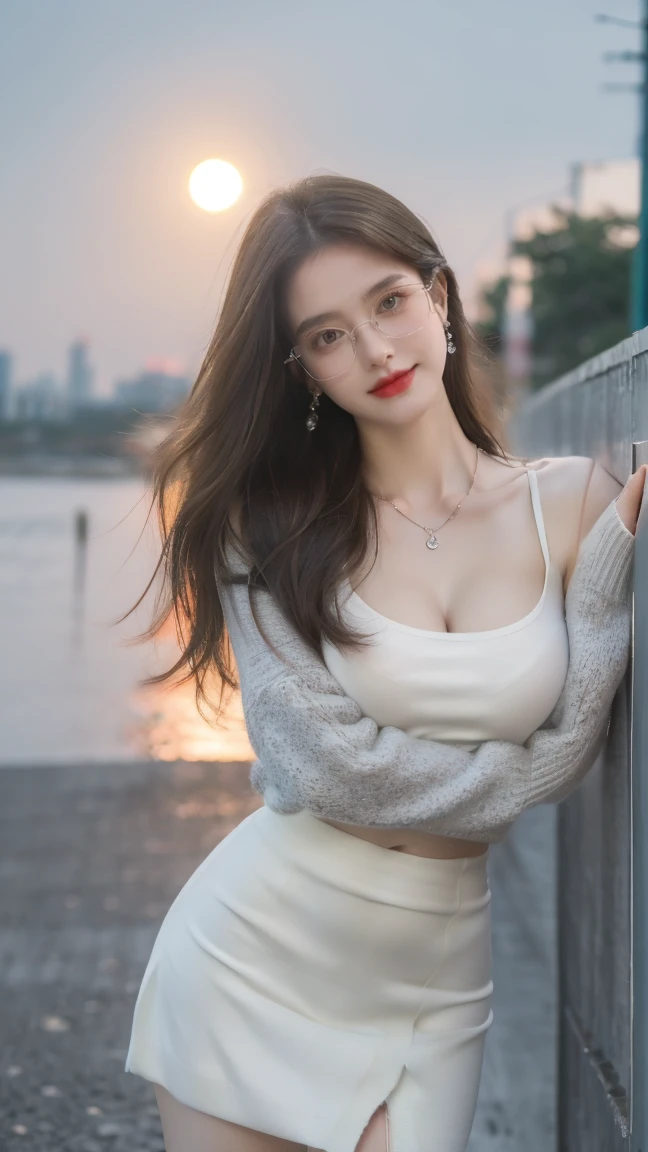 (Canon RF85mm f/1.2), (8K, original photo, best quality), (masterpiece), (Practical, photograph Practical), (Extremely detailed, High Detail, Best image quality, Very detailed, high resolution, Very detailed, Extremely detailed的描述, very good, Extremely exquisite and beautiful work), Beautiful and delicate girl, full body, ((Perfect body)), ((Cardigan,Wedding dress)),((Green Skirt)) ((White pantyhose)), ((bud)),Very detailed eyes and face, White skin, Noble and beautiful, ((Delicate skin texture, Pores)), Perfect anatomical structure, Beautiful body, Delicate face, Slim abdominal muscles, Slim waist), Big Ass, (Large Breasts, Breast enlargement), (Soulful gaze, soulful eyes, Glowing eyes), (Beautiful clear eyes), (Bounce Curly Messy Long Hair), (Smile:1.2), (Fascinated expression), (Beautiful appearance), ((wear glasses)), earrings, necklace, ((night)), ((Street View, moonlight)), Physically Based Rendering, Realistic lighting, ((Looking at the audience)), ((Everlasting)), ((Happy and shy))
