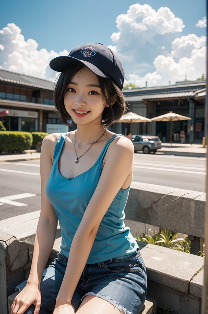 Best image quality、Ultra-high resolution、Tabletop、Photo quality(Realistic:1.8)、pores、Accuracy、ASİAN,　japanese girl,　Japanese women、23-year-old girl、Black-haired、cuteえくぼ、Young Face、cute、Short Bob、Slender girl、Small breasts、 Flat Chest、To the camera、Turn your body forward、Gravure Beautiful Girl、Sitting on a bench、whole body、grass、garden、Blue Tank Top、Slim pants、Silver necklace、Baseball Cap、Bowling shirt、White sneakers、blue sky、White cloud、Light of the sun、Reflective plate、Protruding、Laughing with your mouth open、White teeth、Happily、Look straight ahead、