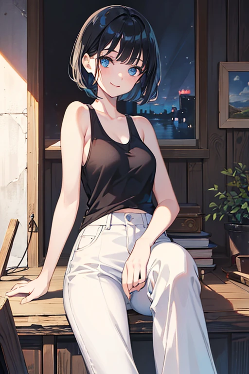 ((Highest quality)), ((masterpiece)), (Familiar), Illustration Style,Perfect Face,1 Girl,Black Hair,Short Hair,Glowing Skin,big, Bright Blue Eyes,Beautiful Bangs,Small breasts,Super Beauty,woman,,Black tank top,White pants,Beautiful clothes,smile
