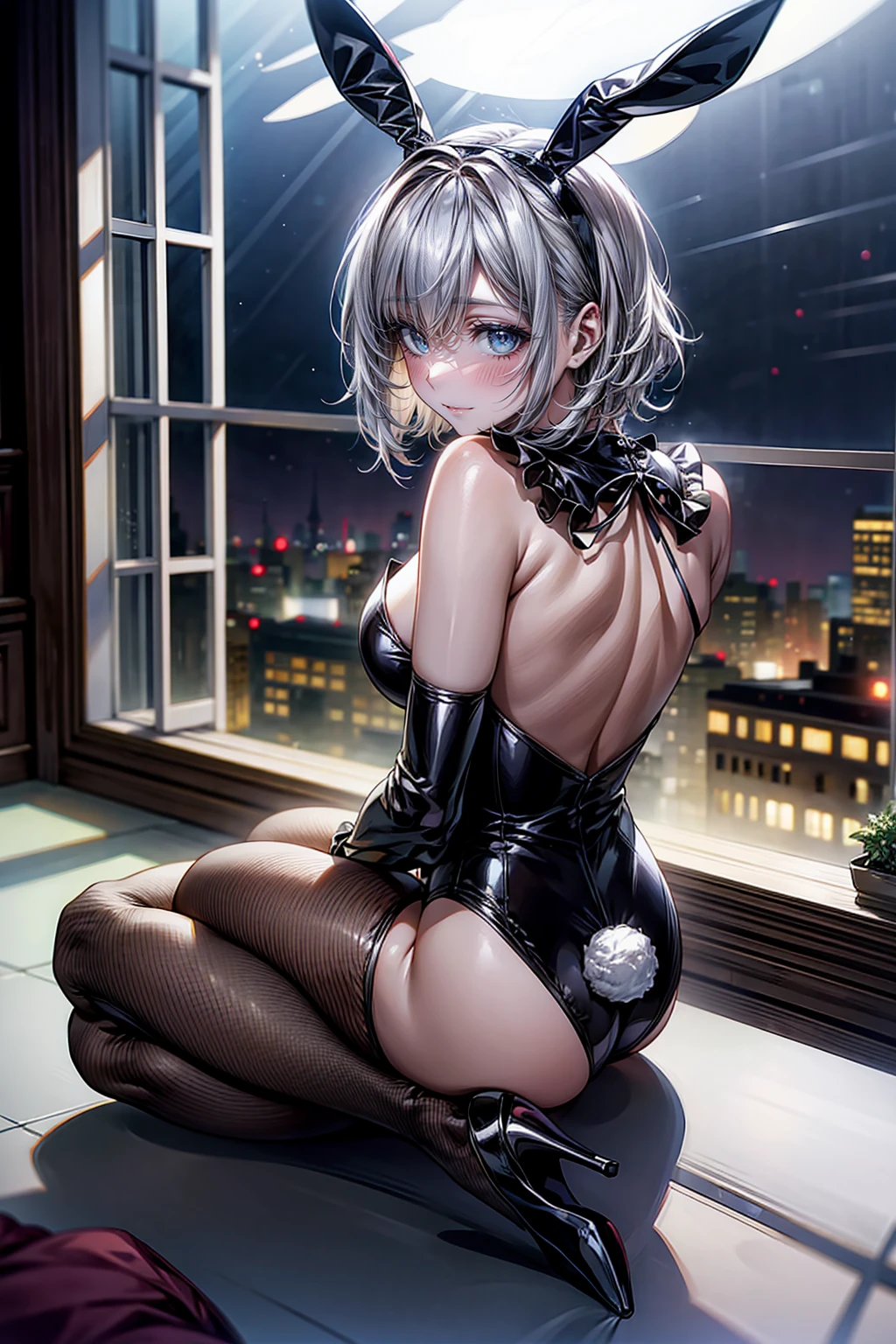 Highest quality、、(Bunny girl)、Fishnet tights、High heels、Bunny Suit、Show Viewer、Angle from behind、W sitting、smile、Futuristic Living Room、indirect lighting、Room with houseplants、Illuminations of the city can be seen from the window、Night view、Silver short hair、Beautiful Eyes、Beautiful Face、Delicate eyes、Angle looking up from the floor