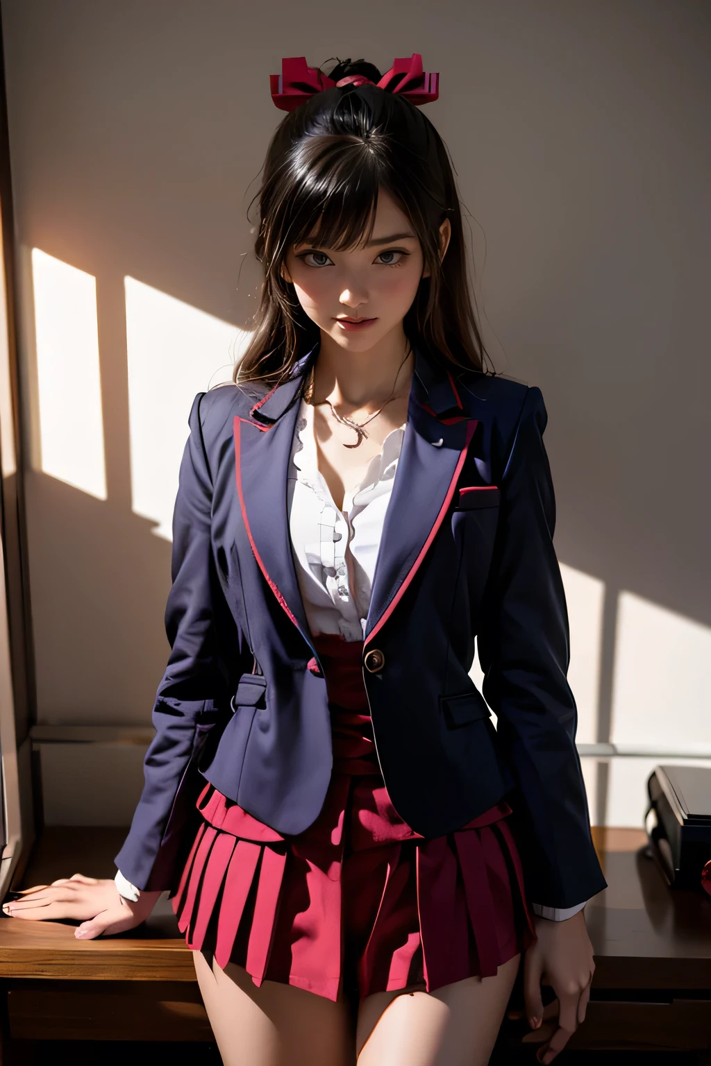 Ibuki Mioda /(Danganronpa/), Bank Super Details, masterpiece, figure, 8K, masterpiece, Realistic Shadows, Slope, Volumetric lighting, cute, Ambient Lighting, Cowboy Shot, colorful, A girl with beautiful, fine eyes, alone, (Original Costume), smile, {Office Background}, Formal suit