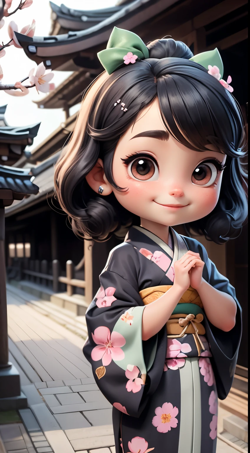 Create a chibi version of the Alice character in an 8K resolution. A girl with long black hair is wearing a kimono with a cherry blossom pattern and standing in front of Kiyomizu-dera Temple, wearing a cherry blossom hair accessory, It's sunny, Detailed eyes, clear outlines, kawaii pose, A smile, Raise your right hand, Eye Up, Laugh, radiant light, Taken from the side. She should look adorable and cute. Give him a smiling expression and a sweet smile on his face, capturing the essence of the character in a delicate and charming way.