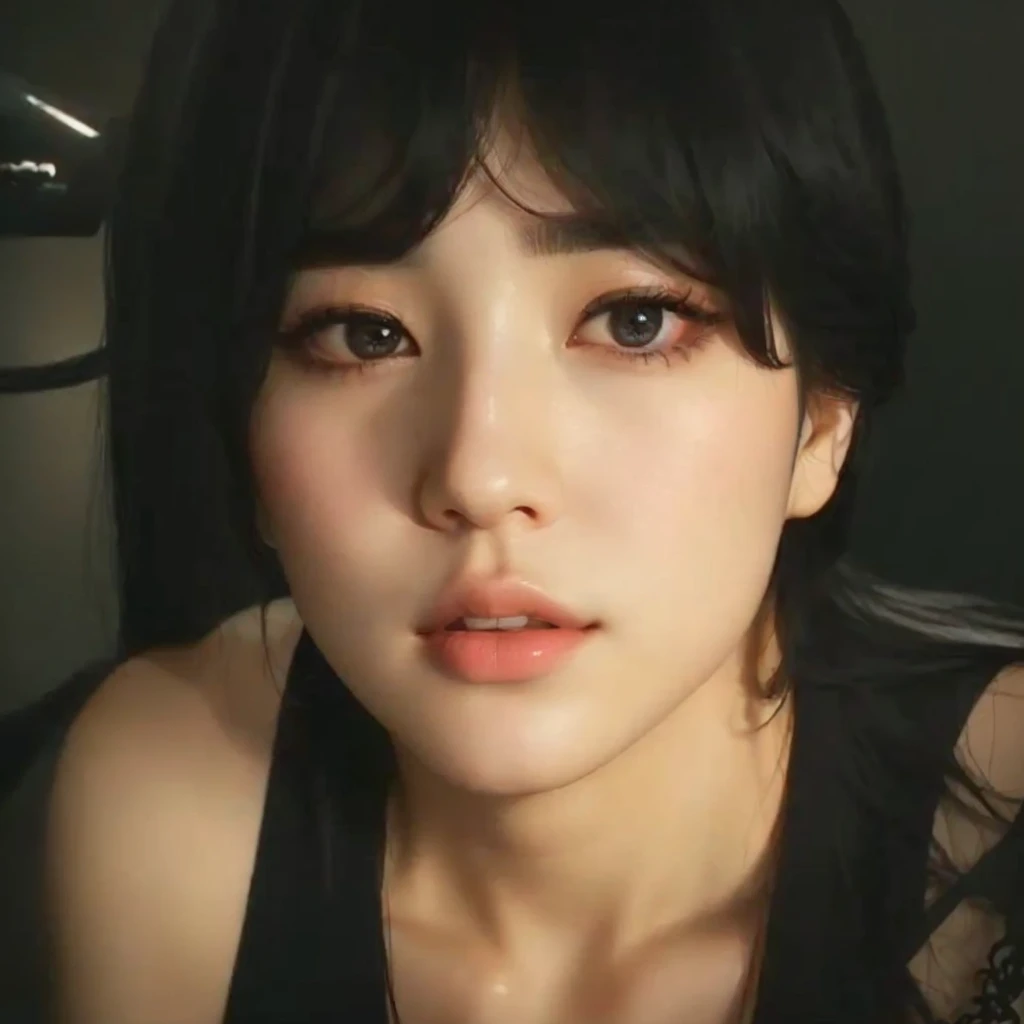 a close-up of a person in a black shirt and a black blouse, adorable and pale korean face, Jimin\the full lips, Jimin\the right eyelid is swollen, Jinyoung Shin, Jungkook, accurate Jimin face, young lovely korean face, cai xukun, iu lee ji-eun as a supervillain, androgynous face, She has black hair with bangs