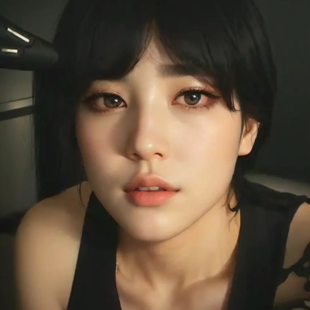 a close-up of a person in a black shirt and a black blouse, adorable and pale korean face, Jimin\the full lips, Jimin\the right eyelid is swollen, Jinyoung Shin, Jungkook, accurate Jimin face, young lovely korean face, cai xukun, iu lee ji-eun as a supervillain, androgynous face, She has black hair with bangs