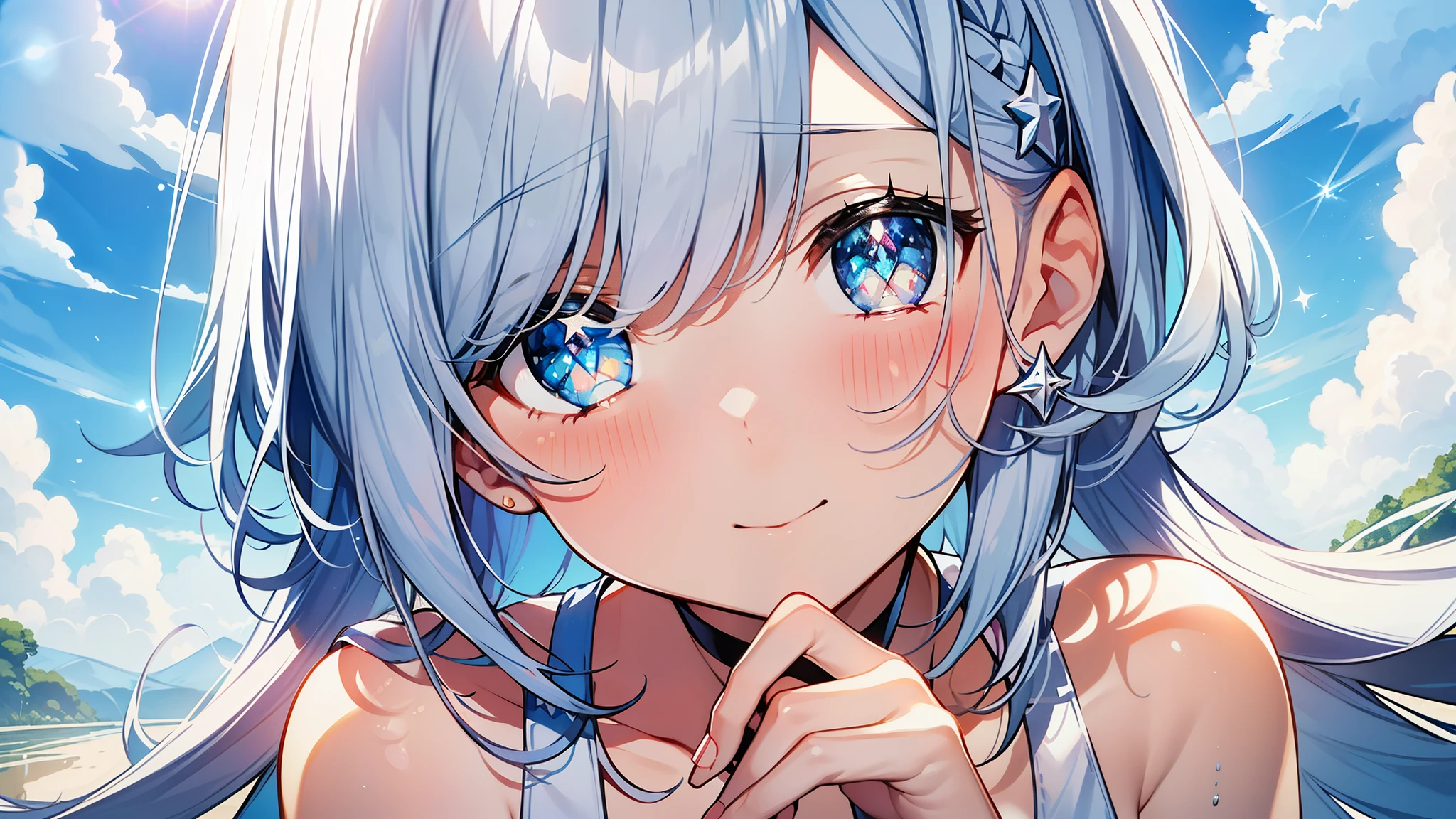 a young girl with beautiful blue eyes, soft blue hair, small delicate breasts, exquisite detailed face, cute and innocent expression, elegant pose, intricate details, glowing skin, natural lighting, vibrant colors, masterpiece, digital painting, photorealistic