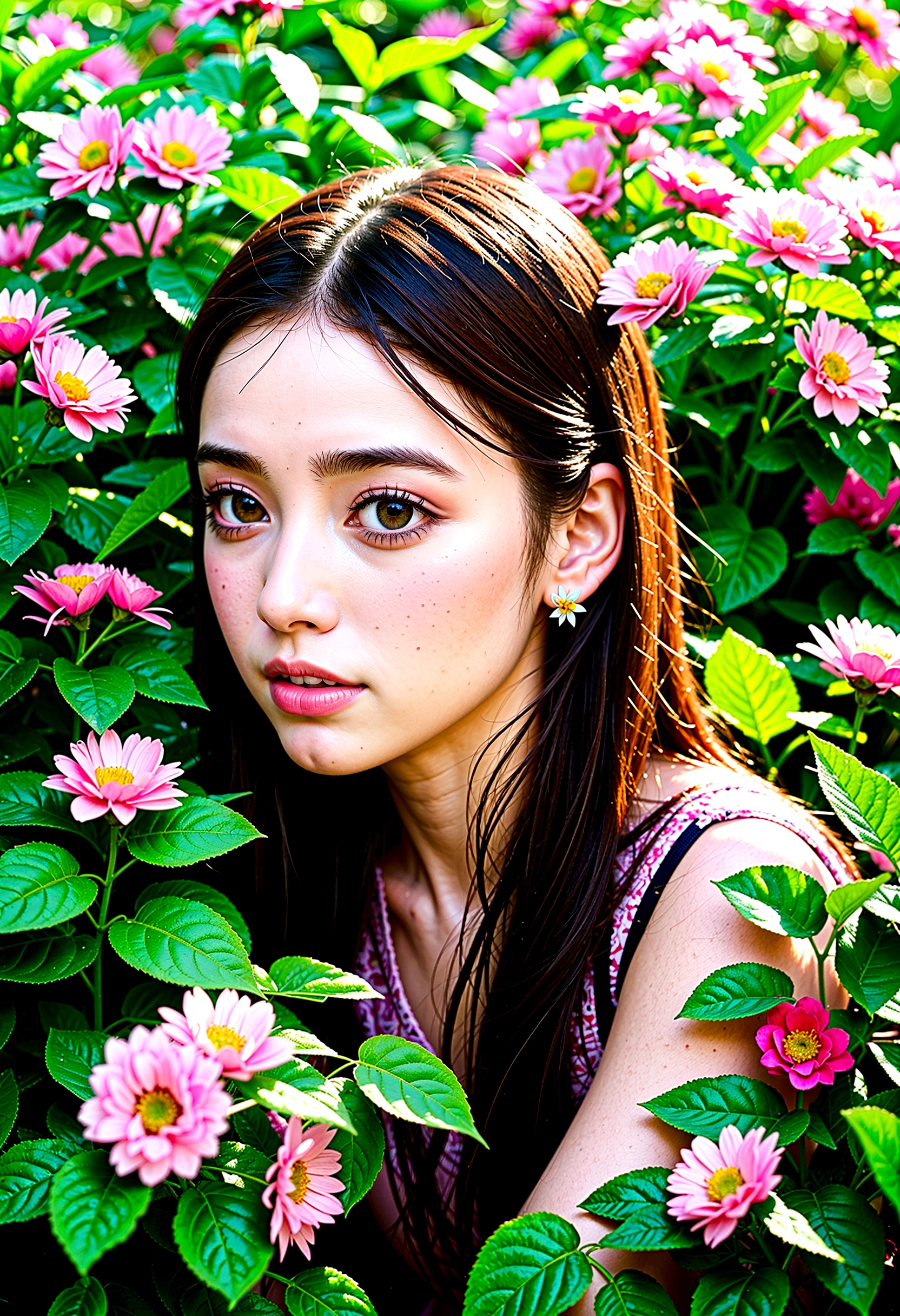 best quality,ultra-detailed,realistic portrait of a girl in a garden,girl,wearing a flowy dress, beautiful detailed eyes, beautiful detailed lips, long eyelashes, surrounded by colorful flowers and lush greenery, soft natural lighting, vibrant colors, oil painting style