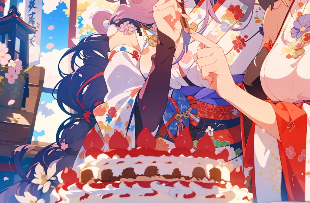masterpiece, best quality,raiden shogun, multiple girls, 2girls, yae miko, pink hair, urple hair, japanese clothes, long hair, animal ears, hair ornament, fox ears, detached sleeves, kimono, ((birthday cake)), japanese temple, japan, sakura petals