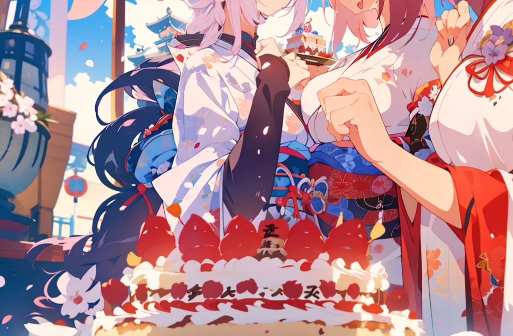 masterpiece, best quality,raiden shogun, multiple girls, 2girls, yae miko, pink hair, urple hair, japanese clothes, long hair, animal ears, hair ornament, fox ears, detached sleeves, kimono, ((birthday cake)), japanese temple, japan, sakura petals