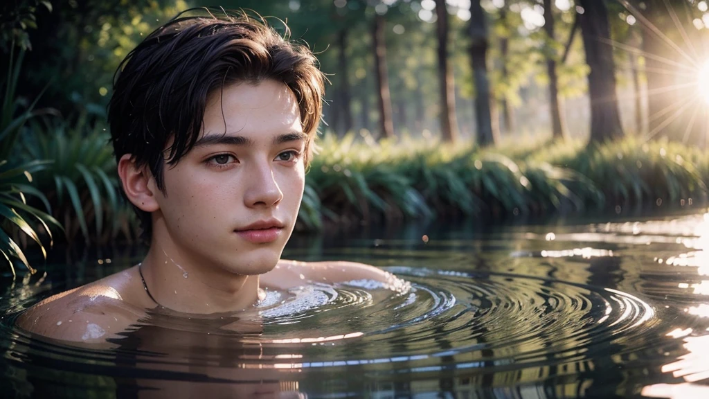 close-up portrait of a cute 19 year old young man (gldot) bathe in a river, Of, (backlighting), realist, Masterpiece, of the highest quality, Lens flare, shadow, Bloom, [[chromatic aberration]], by Jeremy Lipking, by Antonio J. Manzanedo, digital paint,