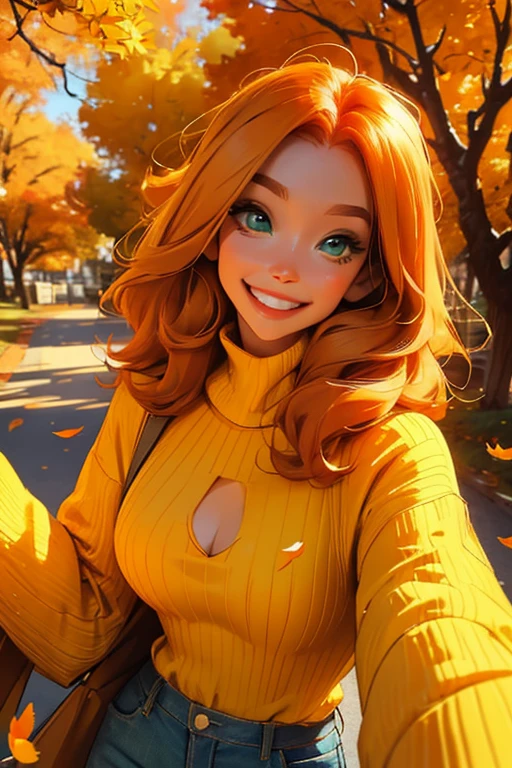 Perfect face, Perfect hands. An orange haired woman with green eyes and an hourglass figure in a yellow sweater and jeans is spinning in a flurry of autumn leaves with a big smile