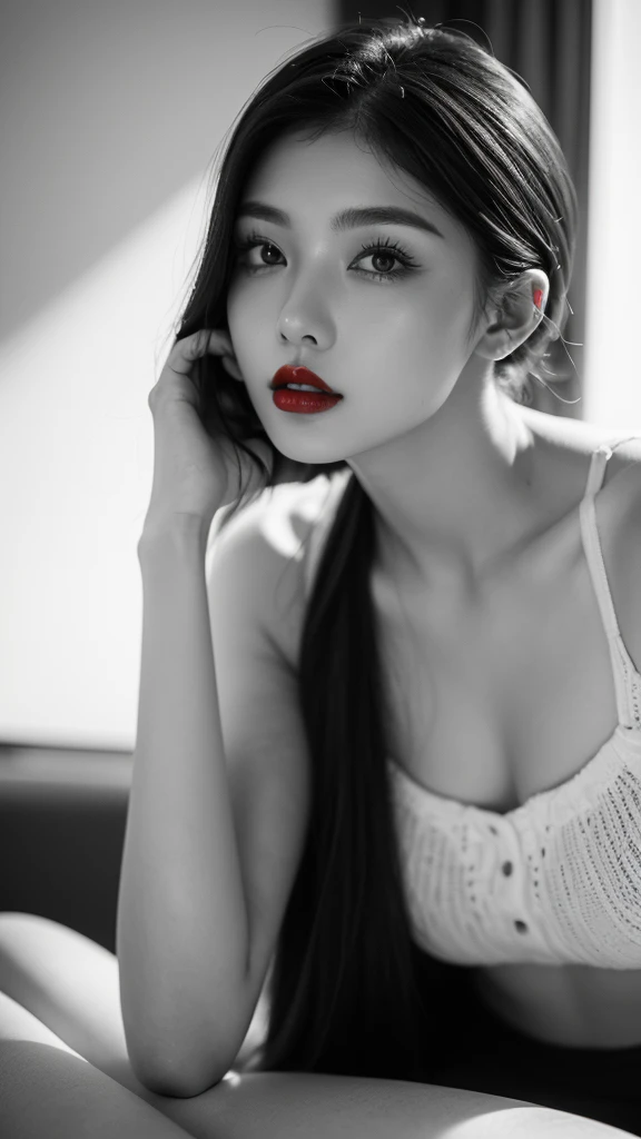 (((Black and White Art:1.2、Black and white photo、RAW photos、Film Grain)))、Beautiful woman、Small nose、((Full lips、Sexy red lips:1.3))、Attractive hairstyle、skirt、best quality、high resolution、high resolution、light、Black and white photo、Professional photographer
