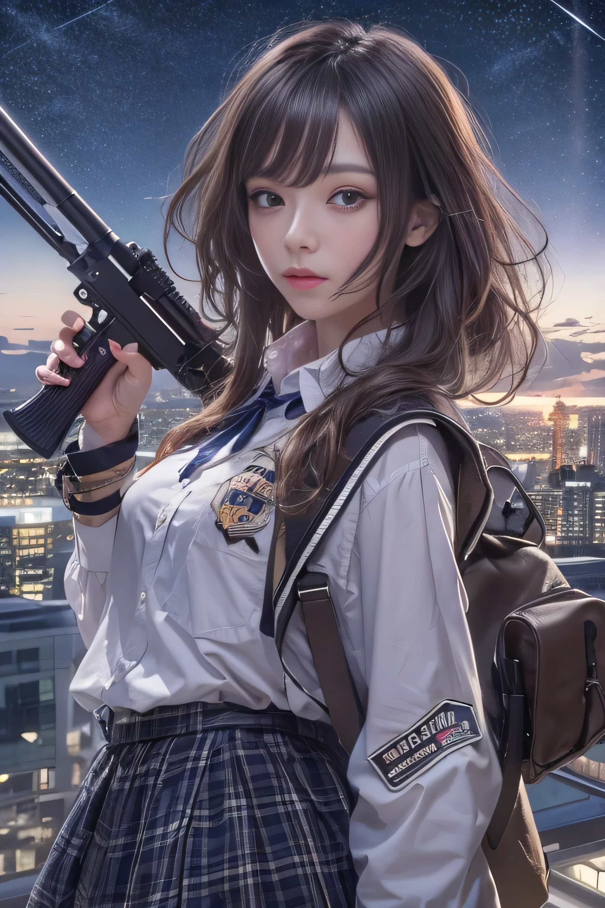 (Raw quality:1.4), 1 female、(so beautiful)、(Beautiful Face:1.5)、(Detailed face)、Are standing、(High School Uniform)、Dark blue jacket、White shirt、tie、Checked mini skirt、Brown Hair、(Heavy makeup)、(Hold the rifle)、(Point your rifle:1.5)、H&In the case of hK416、(On the roof of a high-rise building), night, Starry Sky, milky way,