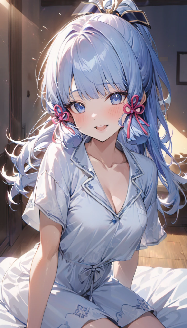 Ayaka, Blue long hair, Pretty Face,Smile,Close to hip, Giant breasts, Sitting on the bed, Wearing beautiful white pajamas, (open mouth:0.4),illustration,Detailed texture(Realist),Extremely detailed,Portrait Style,Bright colors,Soft lighting, blush, Mature, No, Flying hair, Breast tenderness