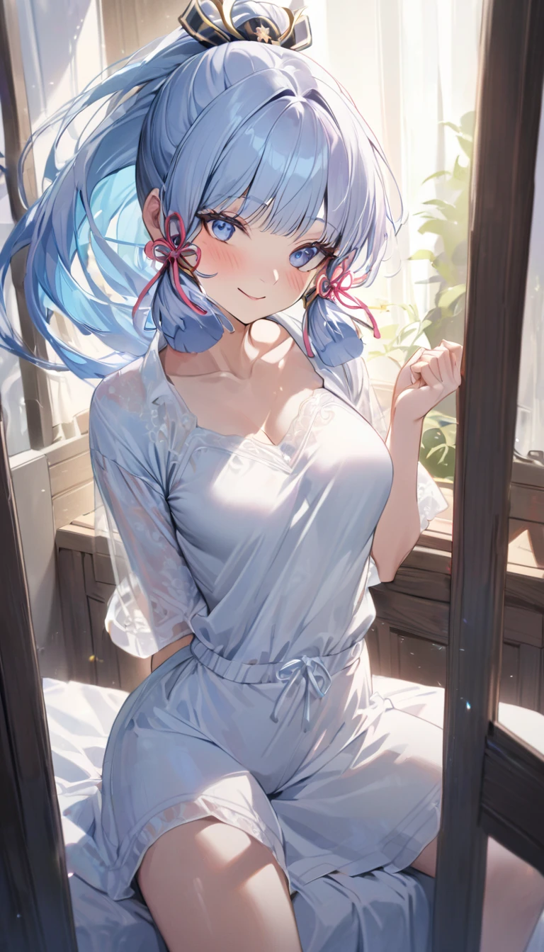 Ayaka, Blue long hair, Pretty Face,Smile,Close to hip, Medium breasts, Sitting on the bed, Wearing beautiful white pajamas, (open mouth:0.4),illustration,Detailed texture(Realist),Extremely detailed,Portrait Style,Bright colors,Soft lighting, blush, Mature, No, Flying hair, Breast tenderness