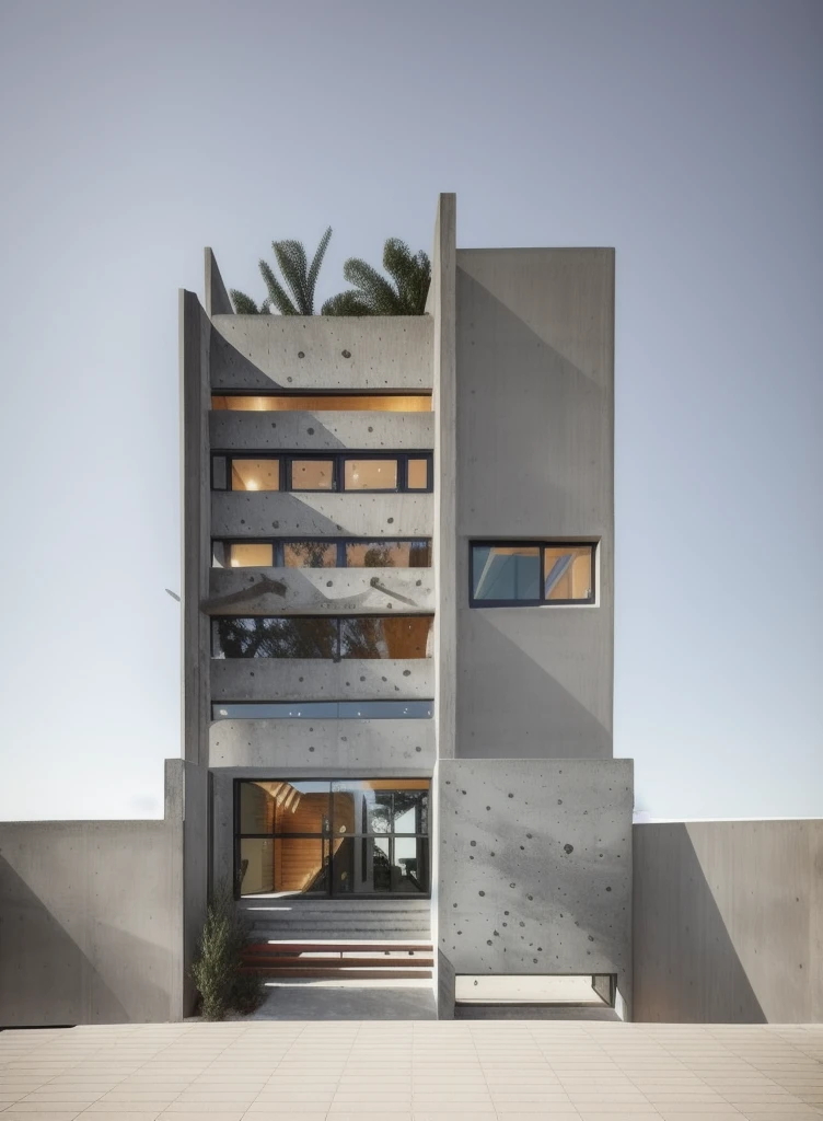 architectural concrete_finish, modern house, fair-face concrete, concrete, street view, in the mountains, daylight, cars, (masterpiece) 