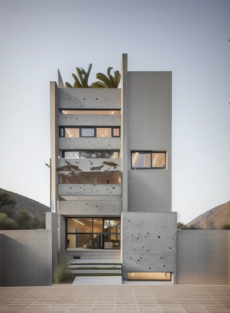 architectural concrete_finish, modern house, fair-face concrete, concrete, street view, in the mountains, daylight, cars, (masterpiece) 