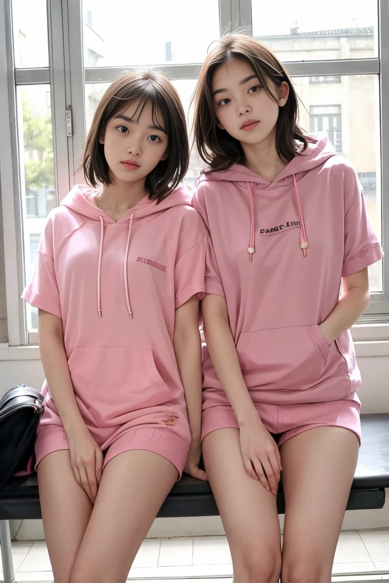 deux femmes ensemble de 18 ans sexy et mince , pink short sleeve hoodie , salle de classe, se touche,position sey,sensuel,visible legs,