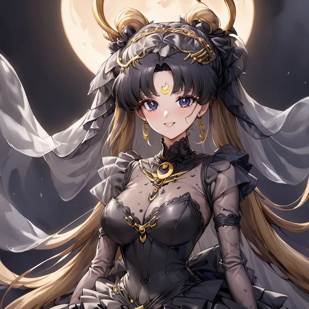 ((Highest quality)), ((masterpiece)), (detailed), (Perfect Face)、Black moon mark on forehead、The woman is the Dark Queen of the Black Moon of the Black Moon Clan, Black Serenity, and the woman is Princess Serenity.、The woman has a black inverted crescent moon mark on her forehead, is a bride wearing a black gorgeous Gothic Victorian wedding dress and a black wedding veil, and is a jet-black Princess Serenity with a happy expression looking at the camera.2The expression of a girl in love with her long hair tied up、Woman is Black Serenity